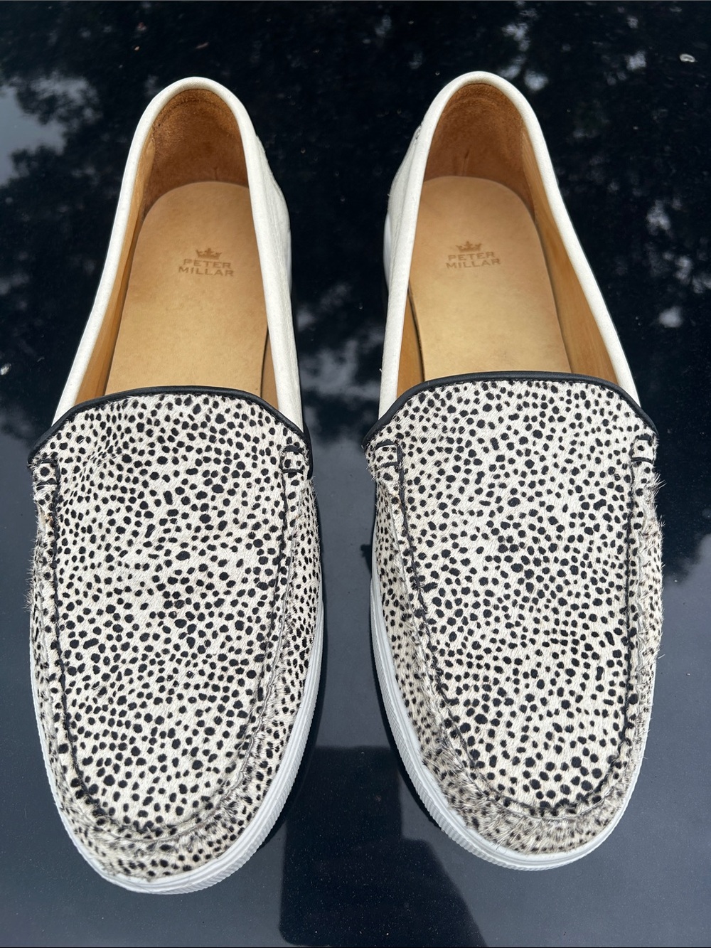Peter Millar Woman’s White Slip-On Leather Loafers with Animal Print